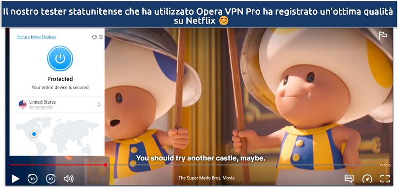 Screenshot of Netflix player streaming The Super Mario Bros Movie while connected to a US Opera VPN Pro server