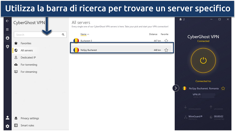Screenshot dell’interfaccia di CyberGhost, con VPN connessa a un server NoSpy rumeno