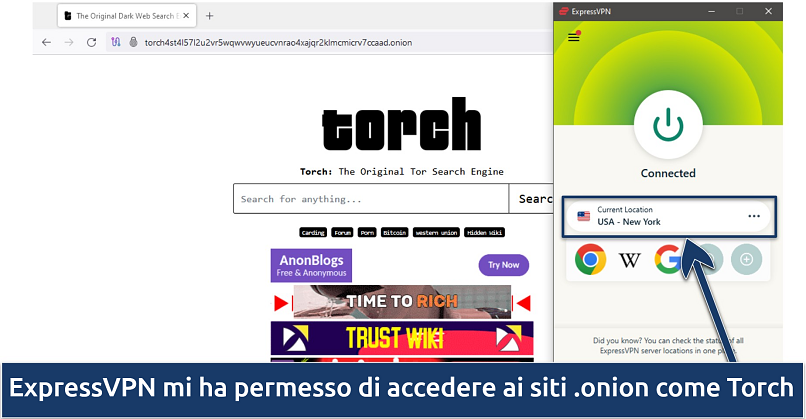 Screenshot del motore di ricerca Torch su Tor, con ExpressVPN connessa a New York