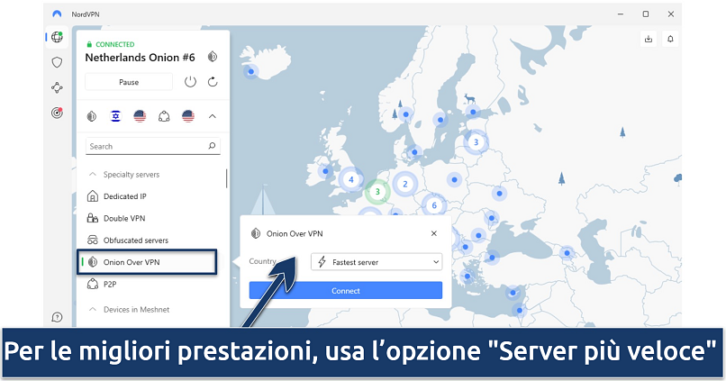 Screenshot dell’interfaccia di NordVPN, che mostra Onion over VPN e una connessione al server Onion olandese