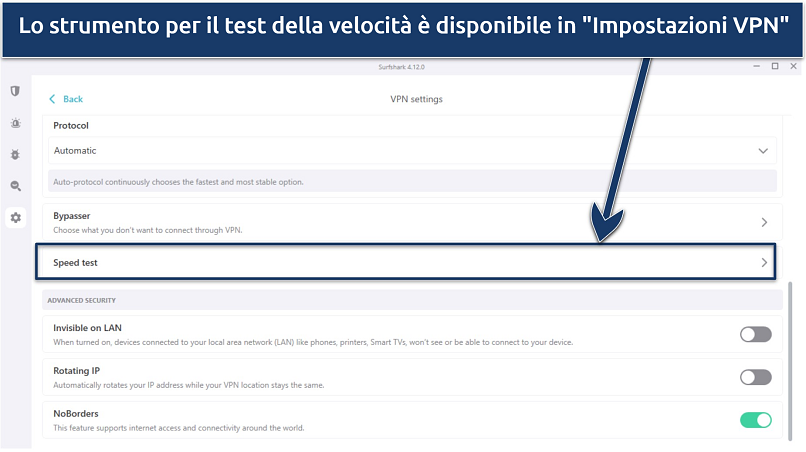 Screenshot delle impostazioni di Surfshark, che mostra lo strumento per testare la velocità