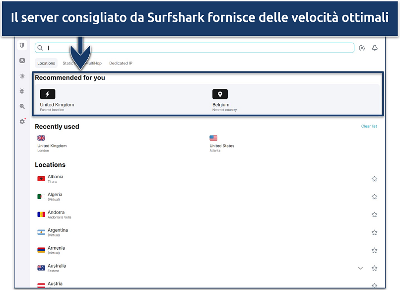 Screenshot of Surfshark's server list