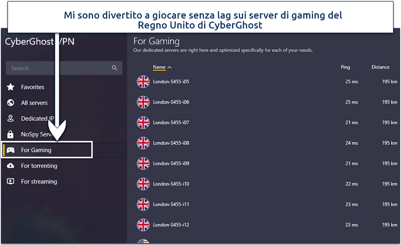 Screenshot showing a list of CyberGhost's gaming-optimized servers