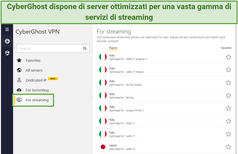 Screenshot dell'app di CyberGhost che mostra i suoi server per lo streaming.