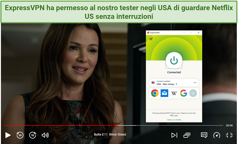 Uno screenshot di Suits su Netflix US con ExpressVPN connesso al New Jersey