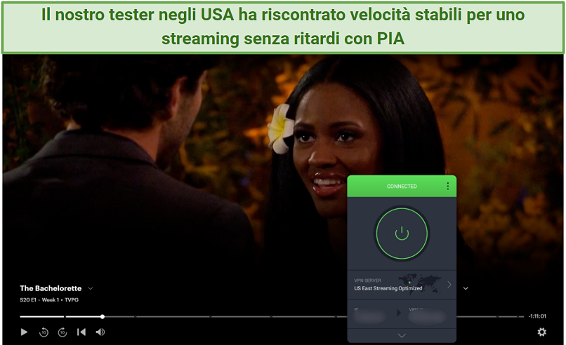 Una schermata di The Bachelorette su Hulu connessa al server streaming US East di PIA