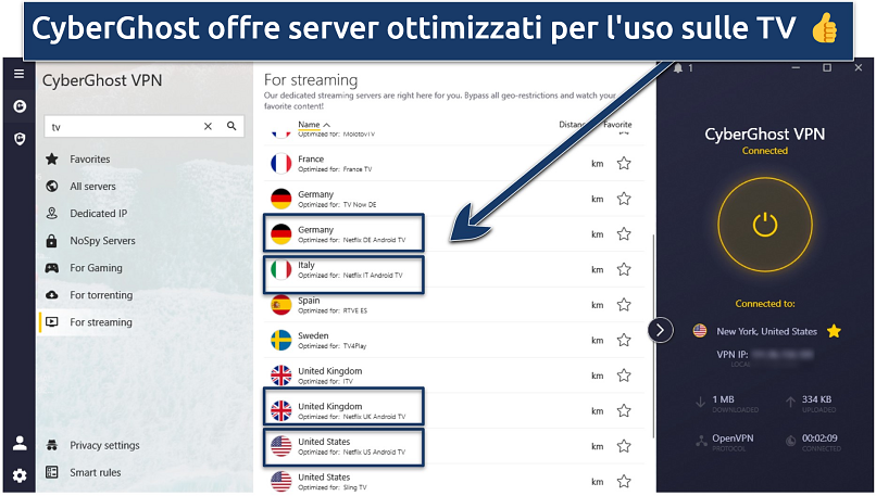 Screenshot dell'elenco dei server di CyberGhost ottimizzati per lo streaming su una TV Android