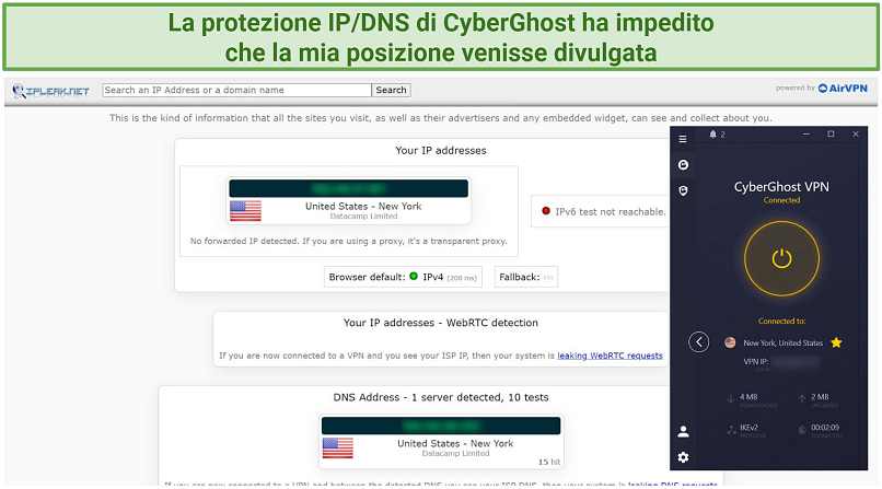 Screenshot of CyberGhost's security features prevent location leaks