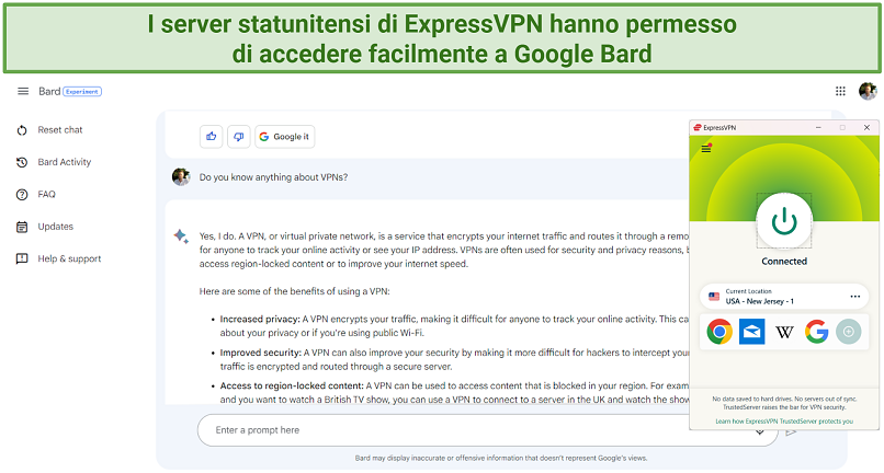 Screenshot of ExpressVPN successfully unblocking Google Bard