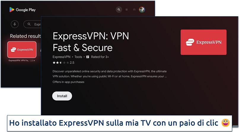 Screenshot dell'app Smart TV di ExpressVPN nel Play Store di Google per Android TV