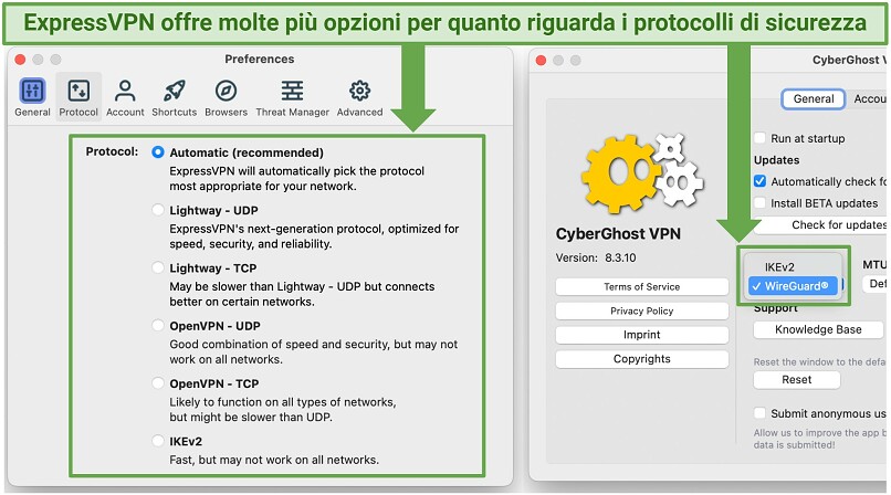 Schermata che mostra le opzioni di protocollo di ExpressVPN e CyberGhost