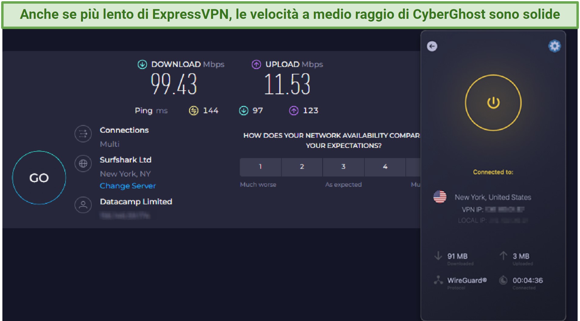 Screenshot showing the CyberGhost app connected to a server in New York over an online speed test
