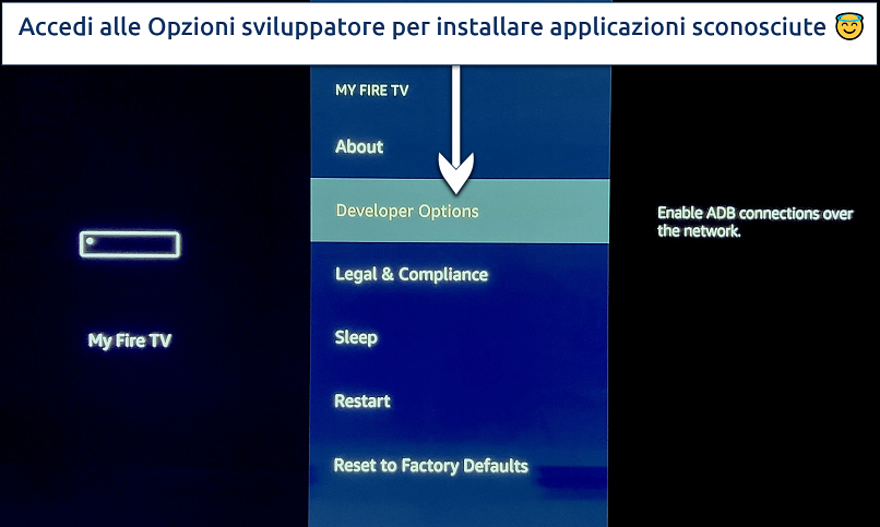 Screenshot showing how to go into Developer Options on Fire Stick Settings