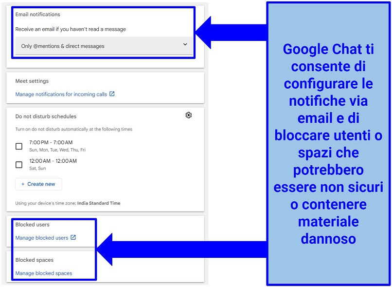 Screenshot delle impostazioni di Google Chat