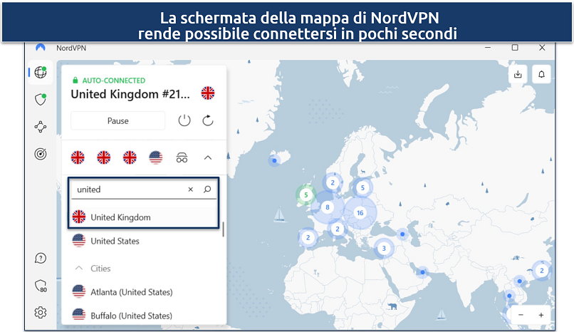Screenshot of NordVPN's Windows app showing connection to United Kingdom server