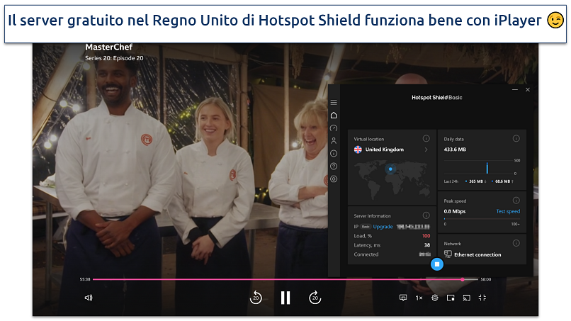 Screenshot of Hotspot Shield's free UK server working to stream MasterChef on BBC iPlayer