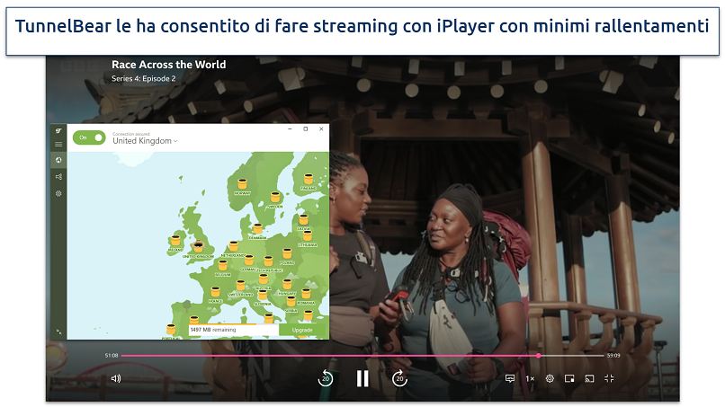 Screenshot of TunnelBear's free UK server working to stream Race Across the World on BBC iPlayer