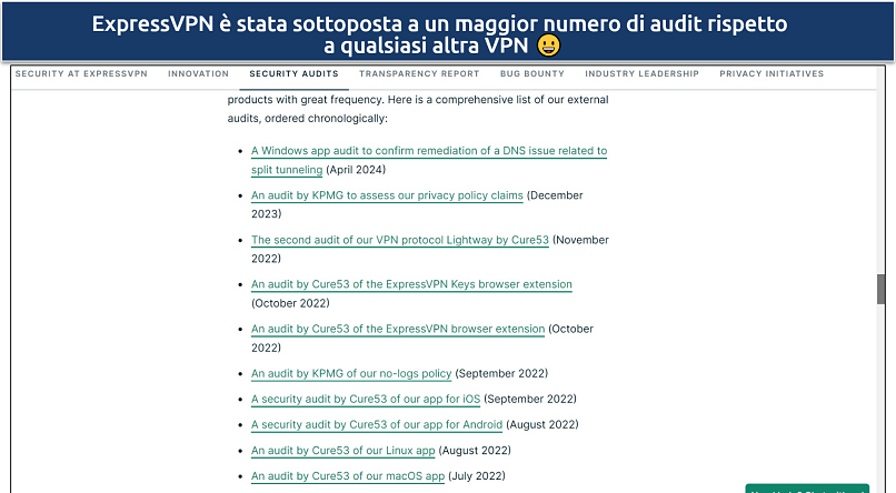 Screenshot of ExpressVPN's website showing its independent audits list