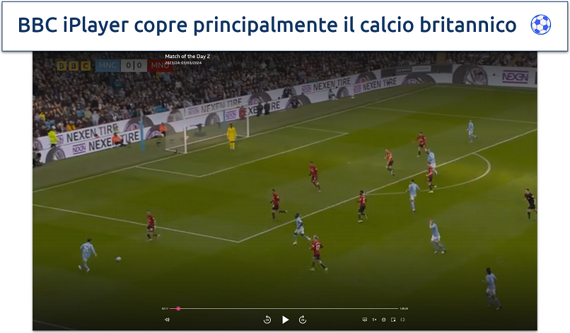 Uno screenshot che mostra una partita di calcio su BBC iPlayer