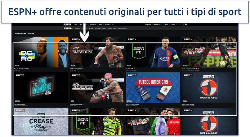 Uno screenshot che mostra la pagina Web ESPN+ Originals