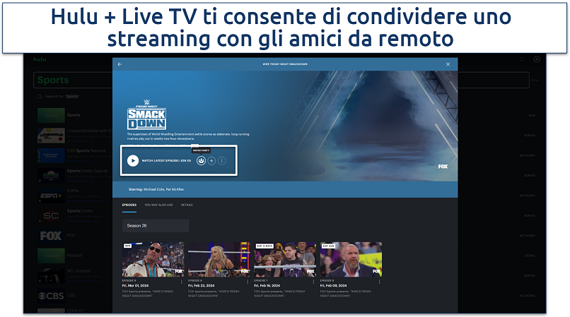 Uno screenshot che mostra come condividere gli streaming su Hulu Live TV