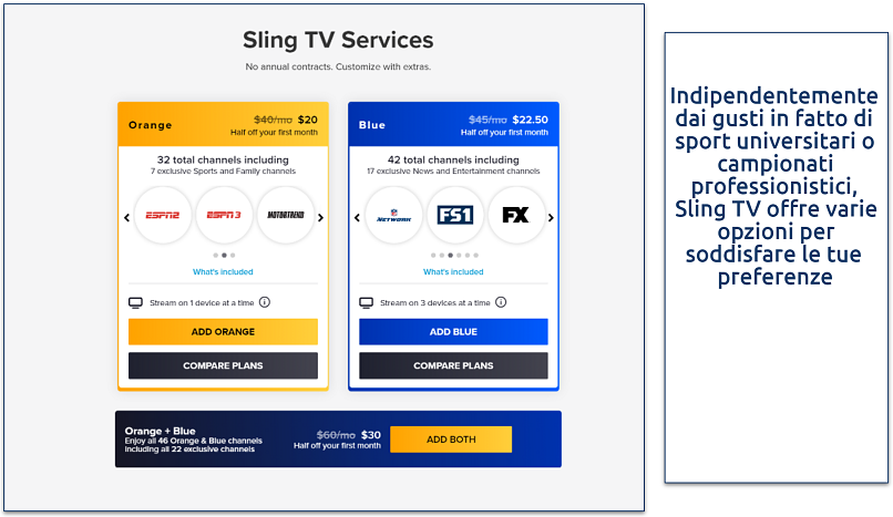 Uno screenshot che mostra la pagina di abbonamento di Sling TV