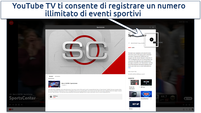 Uno screenshot che mostra come registrare video su YouTube TV