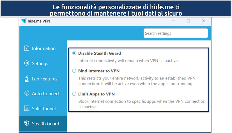 Screenshot of hide.me's StealthGuard feature in Windows app