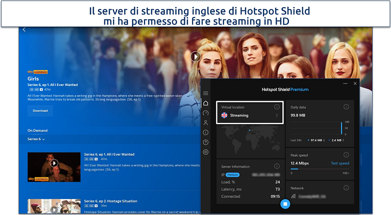 Screenshot of Hotspot Shield's UK streaming server on Sky Go