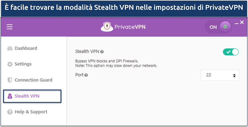 Screenshot of PrivateVPN's Stealth VPN feature