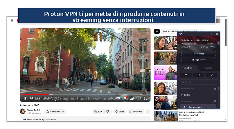 Screenshot of YouTube streaming with Proton VPN connected