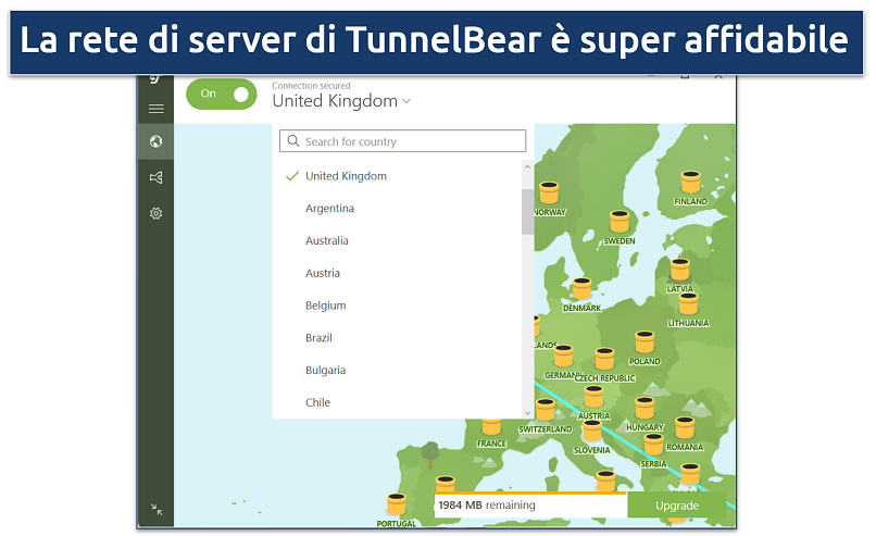 Screenshot of TunnelBear's server list