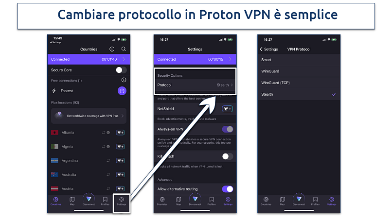 Screenshot dell’elenco dei protocolli VPN nell’app di Proton VPN app