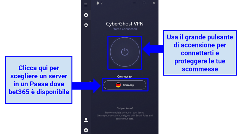 Screenshot of CyberGhost's user interface showing how to choose a server and connect