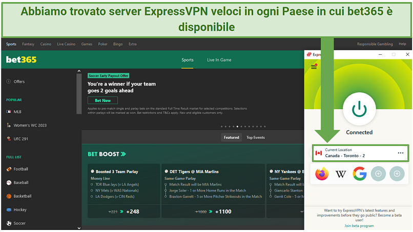 Screenshot of Bet365's homepage while ExpressVPN is connected to a server in Canada