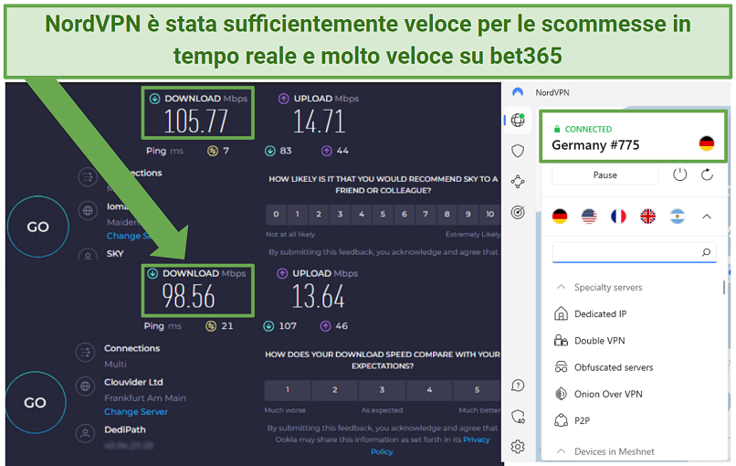 Screenshot of two speed test results showing baseline internet speed compared to speeds while NordVPN is connected to a server in Germany