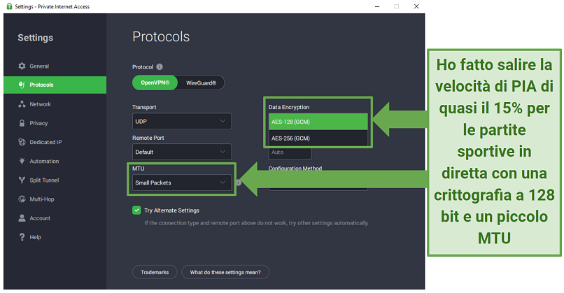 Screenshot of PIA's Protocols settings menu showing 128-bit encryption and small MTU selected