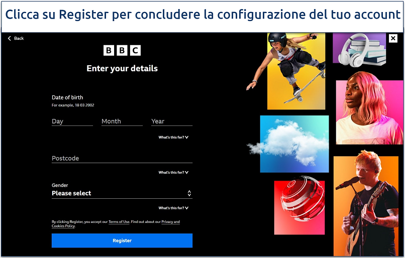 A screenshot of the BBC iPlayer registration page where you enter your personal details