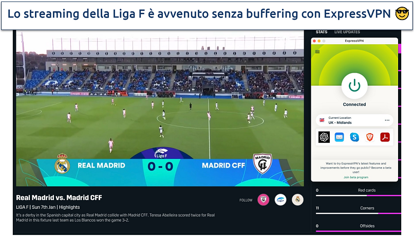 Screenshot of the ExpressVPN app connected to a UK - Midlands server while streaming Liga F soccer