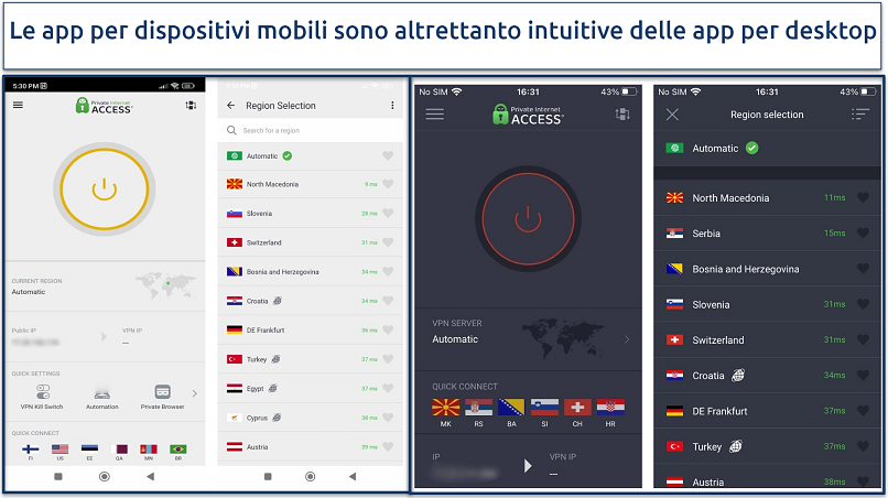 Schermata che mostra l'app di PIA per iOS e Android