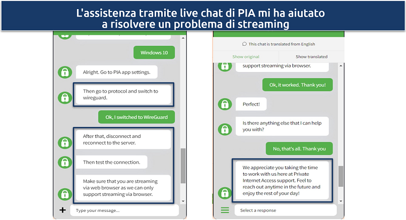 Screenshot of conversation with PIA live chat getting help with streaming issue