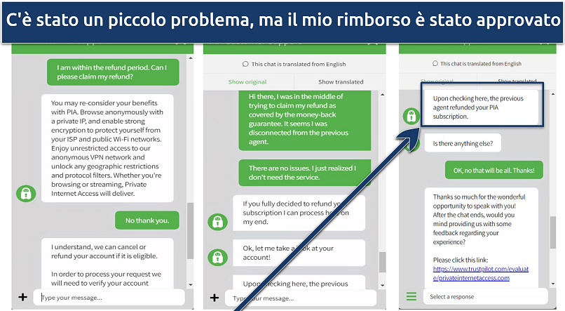Screenshot of conversation with PIA agent requesting refund