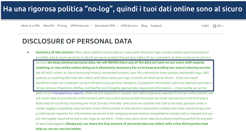 Screenshot of PIA's no logs policy