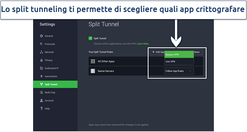 Screenshot of PIA app showing the split tunnel feature