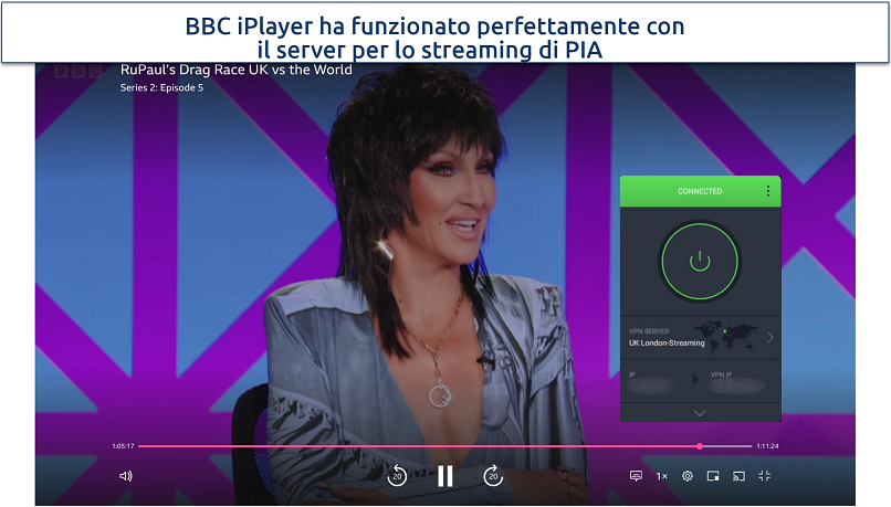 Screenshot of PIA streaming BBC iPlayer with London streaming server