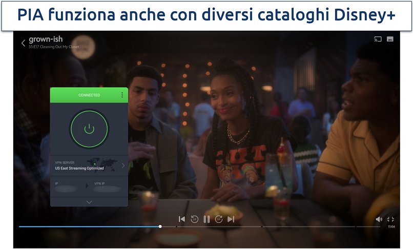 Screenshot of PIA streaming US Disney+ with US East Streaming server