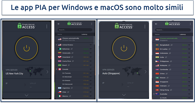 Schermate che mostrano le app di PIA per Windows e macOS affiancate