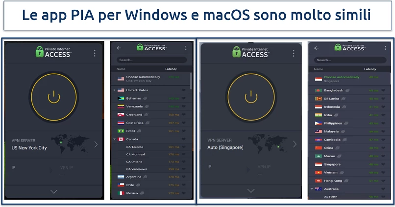 Schermate che mostrano le app di PIA per Windows e macOS affiancate