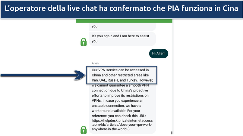 Screenshot of conversation with PIA customer support agent confirming that it works in China