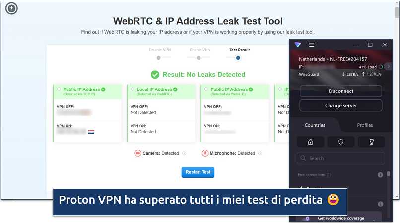 Screenshot of a WebRTC & IP address leak test while connected to a free Proton VPN server